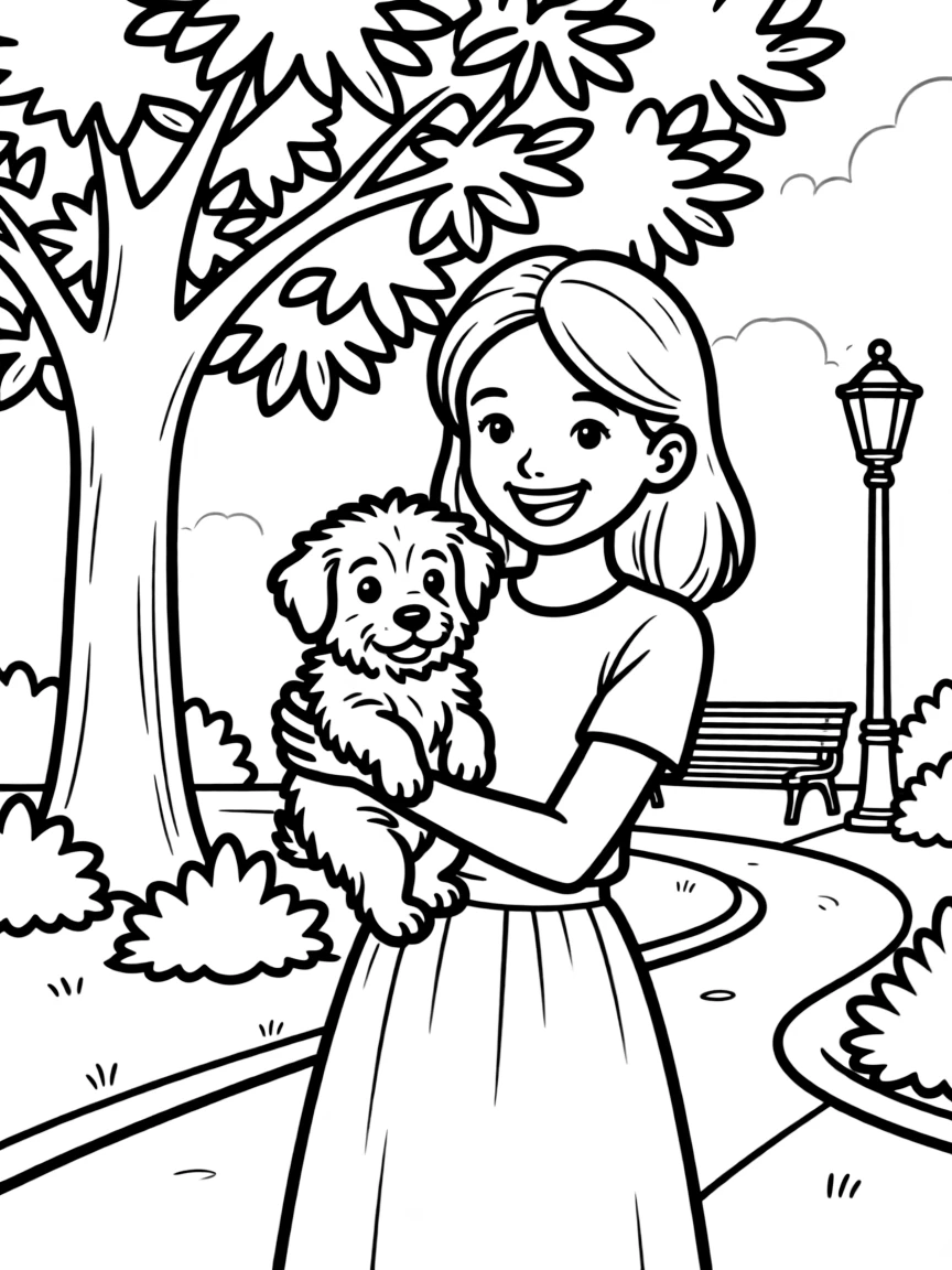 Lady Gaga smiling and holding a puppy with a park background.