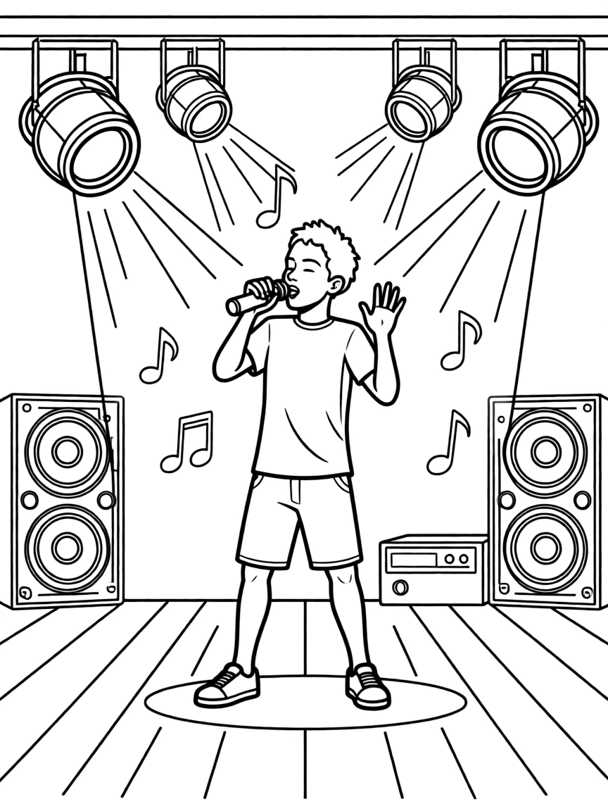 Neymar Jr. singing on a big concert stage with musical notes and lights.