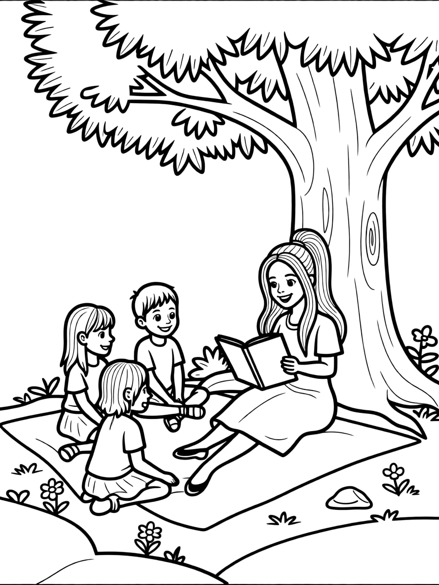 Ariana Grande reading a storybook to children under a tree.