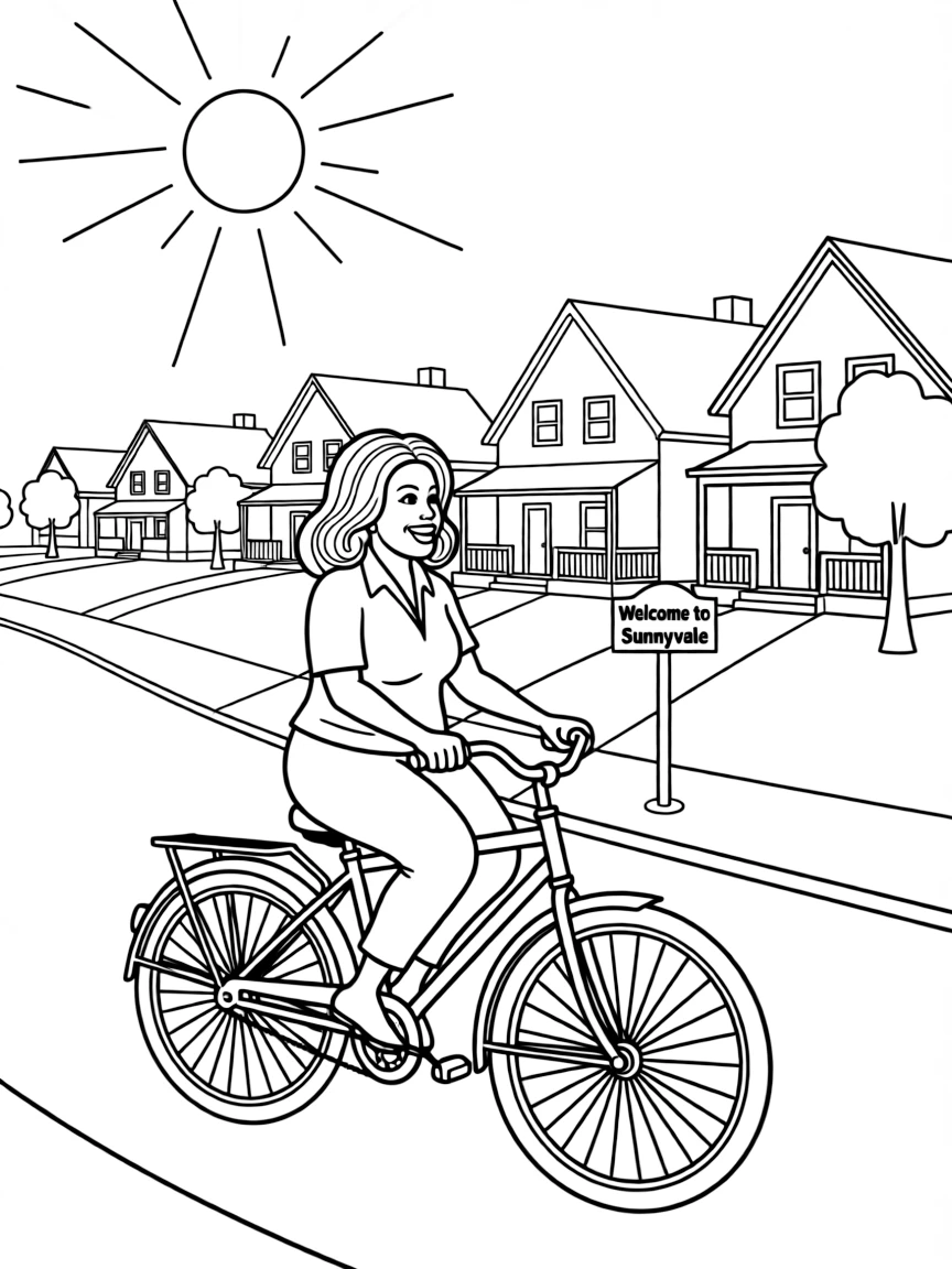 Oprah Winfrey riding a bicycle through a sunny neighborhood.