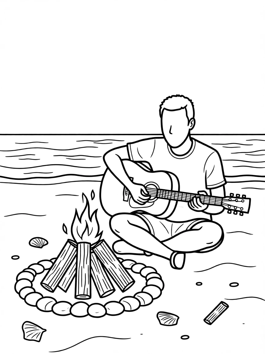 Stephen Curry playing guitar at a beach bonfire.
