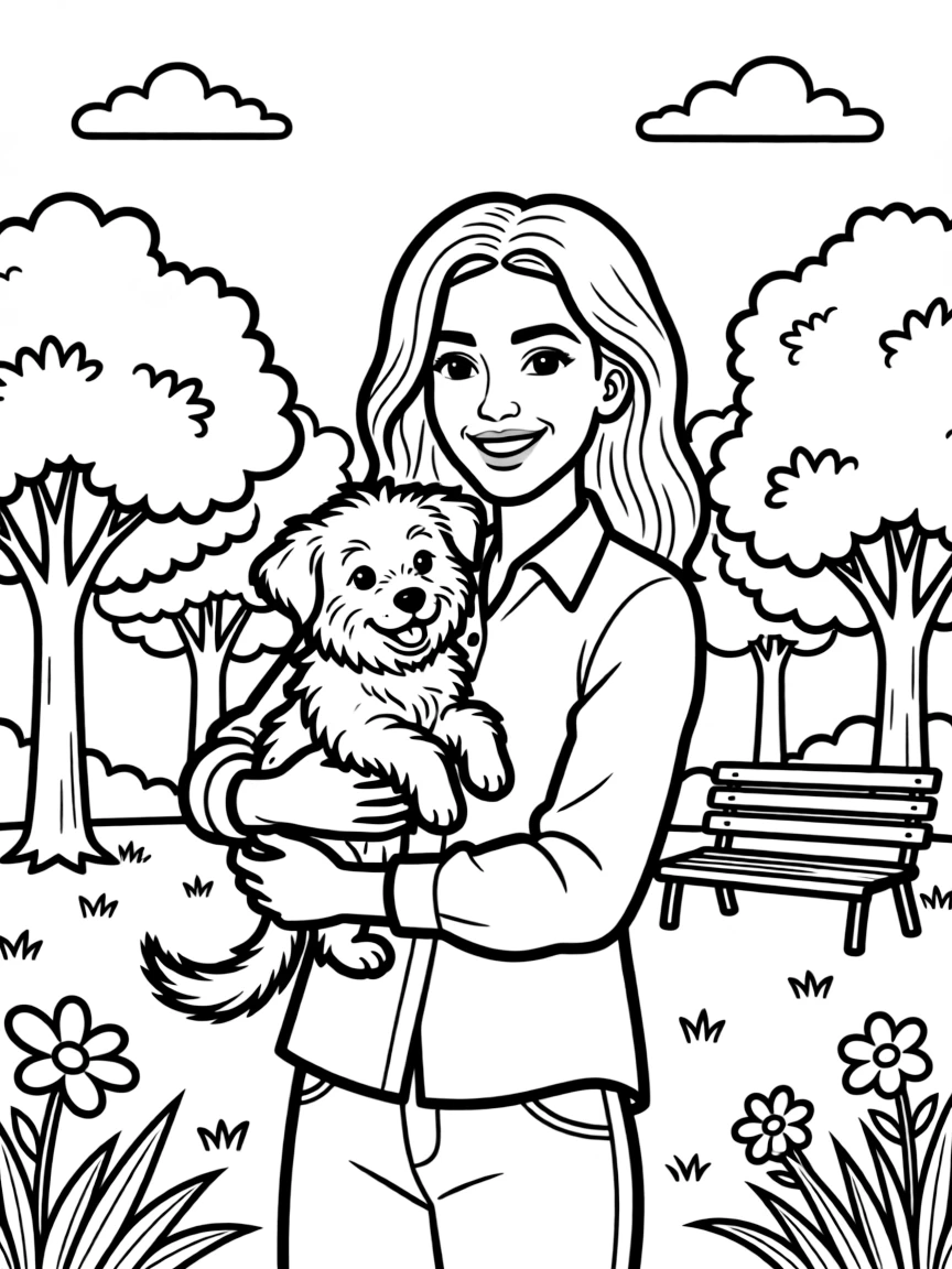 Zendaya smiling and holding a puppy with a park background.