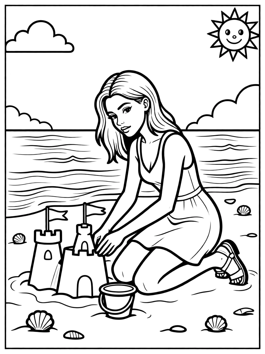 Dua Lipa building a sandcastle at the beach.