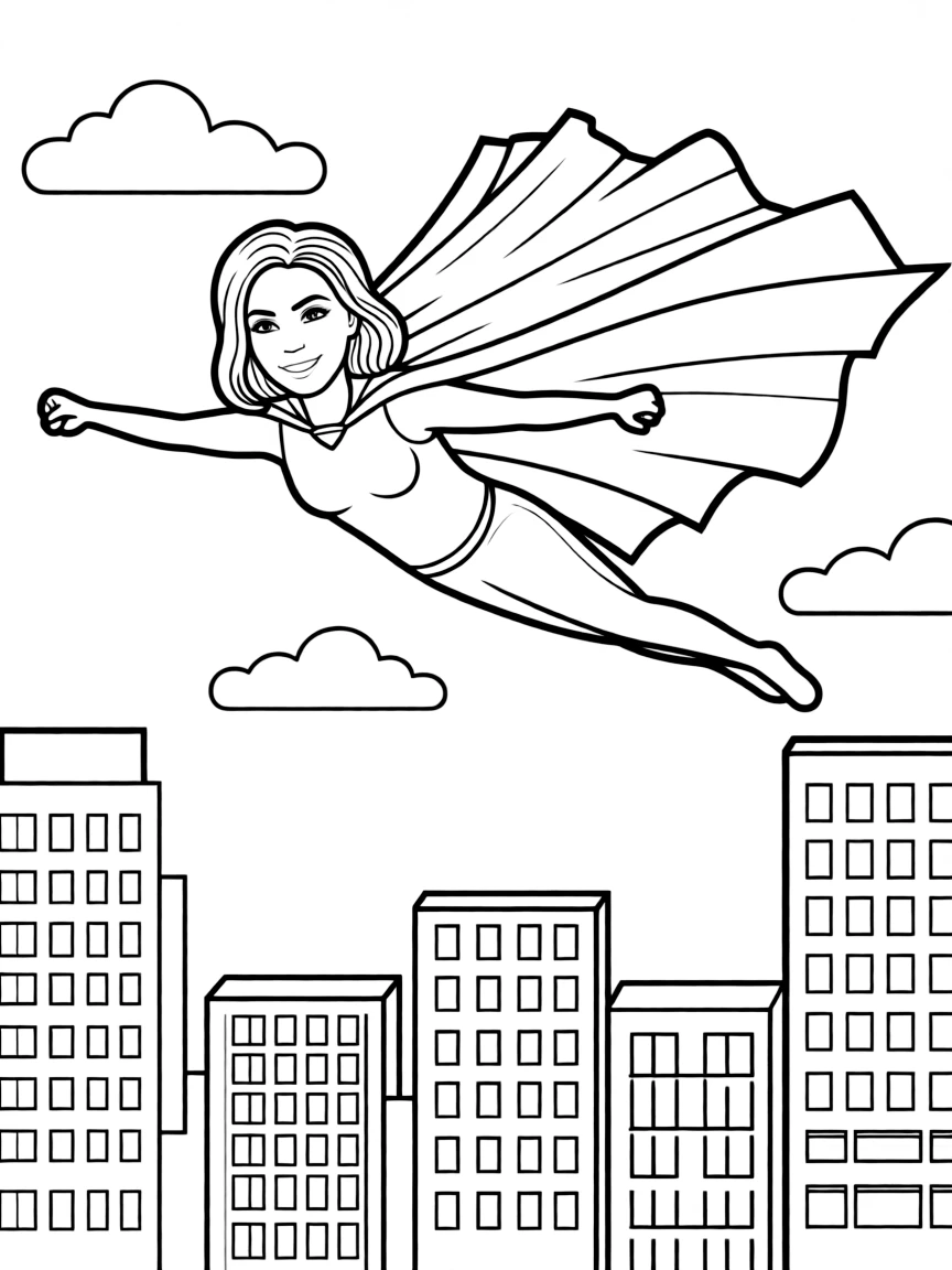 Lady Gaga wearing a superhero cape and flying over a cityscape.