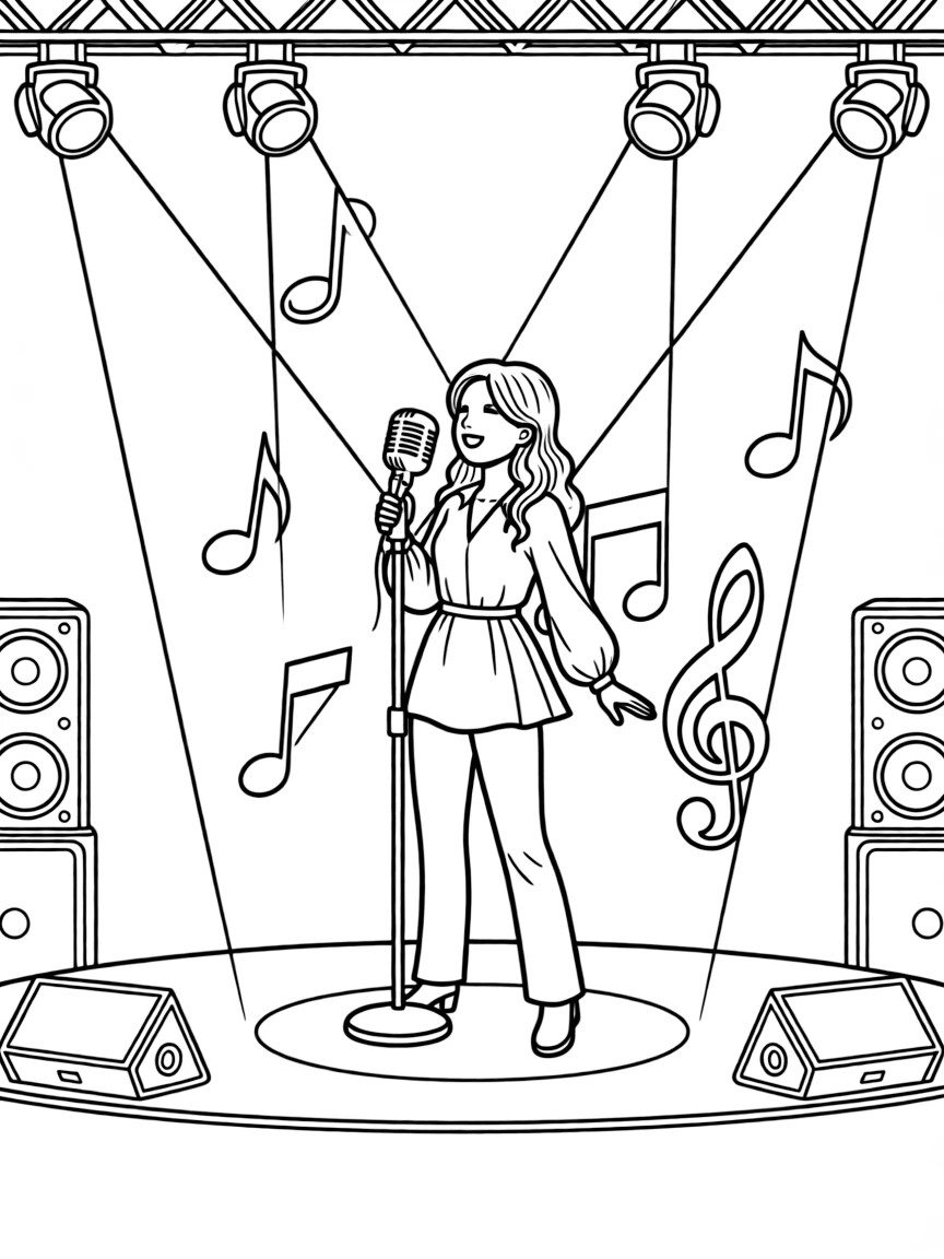 Kylie Jenner singing on a big concert stage with musical notes and lights.