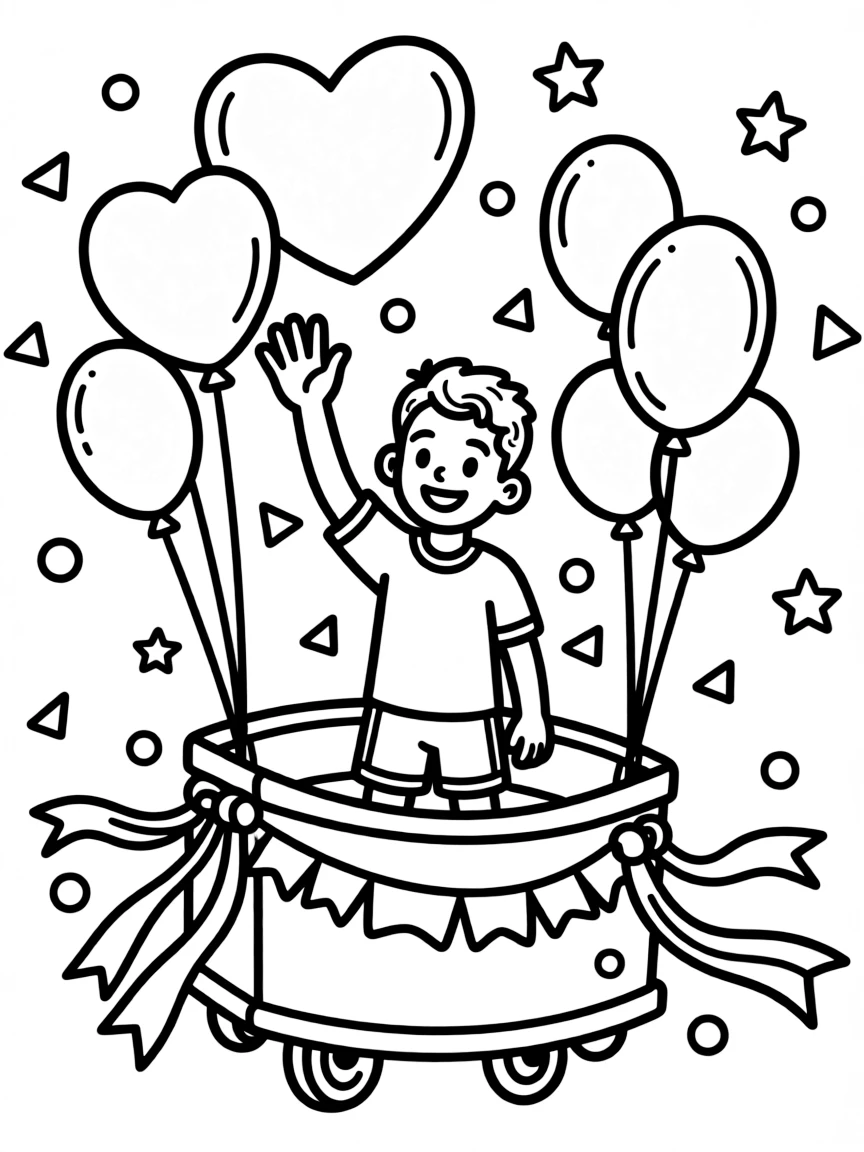 Neymar Jr. waving from a parade float with balloons and confetti.