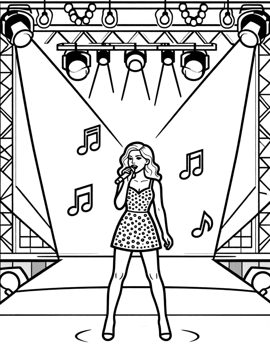 Kylie Jenner singing on a big concert stage with musical notes and lights.