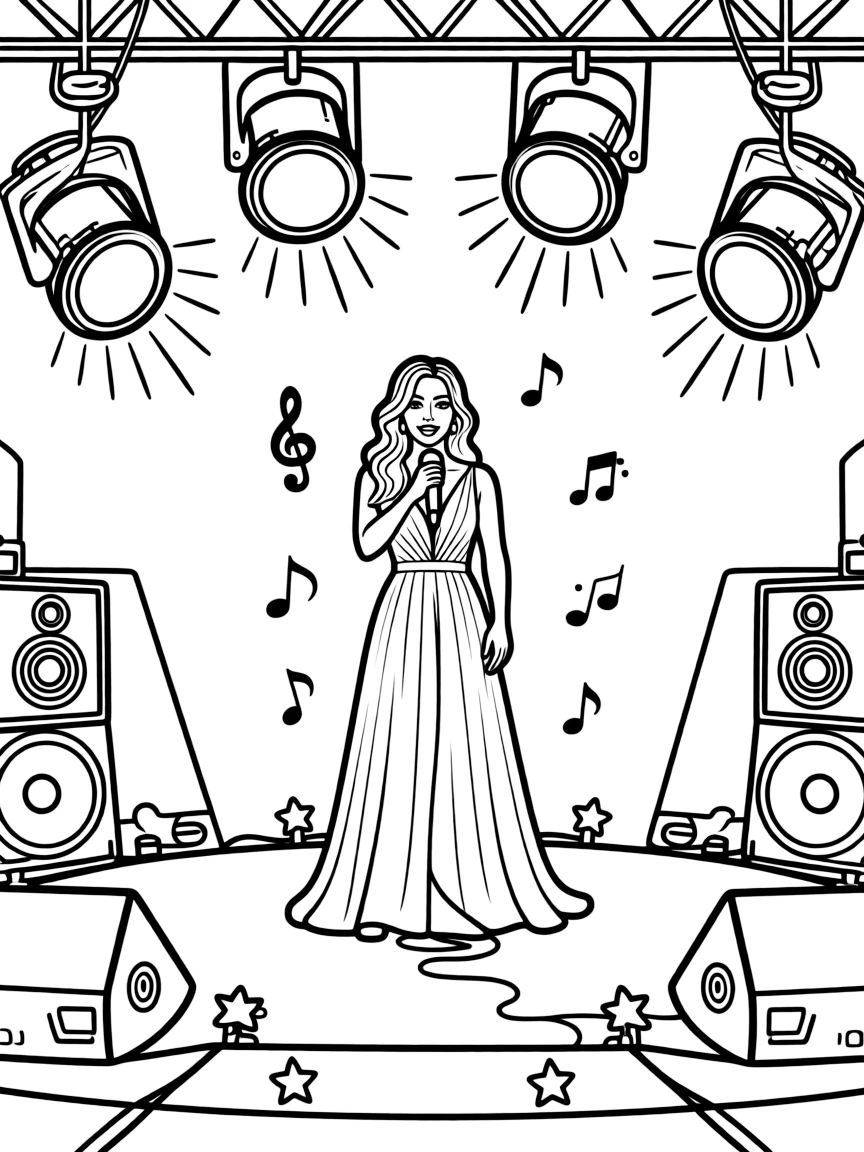 Jennifer Lopez singing on a big concert stage with musical notes and lights.