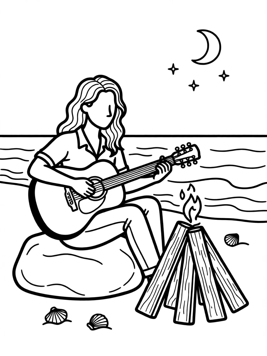Blake Lively playing guitar at a beach bonfire.