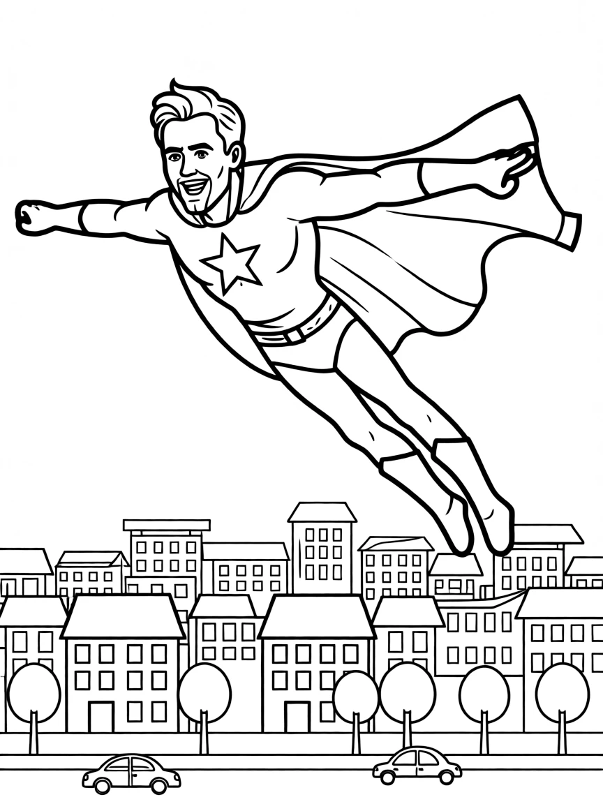 Ryan Reynolds wearing a superhero cape and flying over a cityscape.
