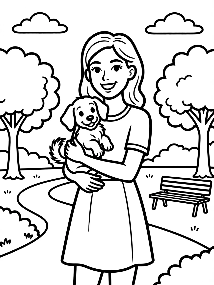 Katy Perry smiling and holding a puppy with a park background.