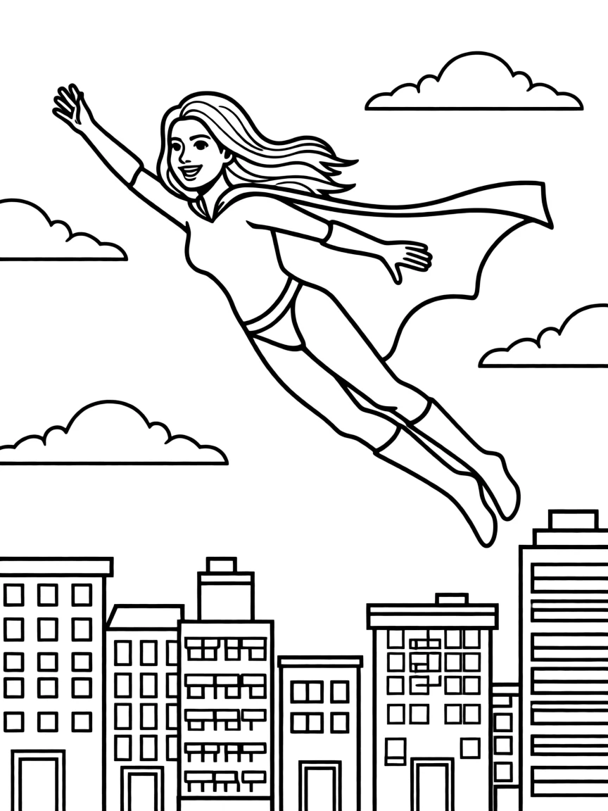 Shakira wearing a superhero cape and flying over a cityscape.