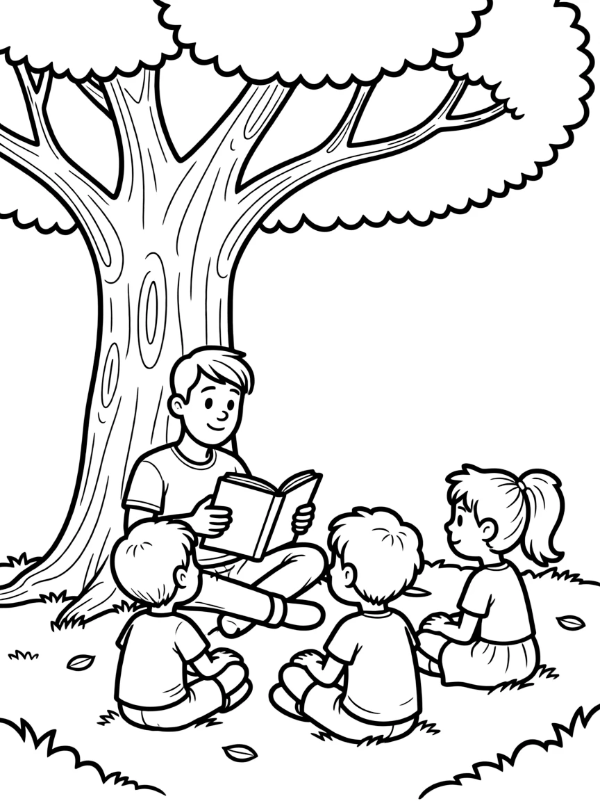 PewDiePie reading a storybook to children under a tree.