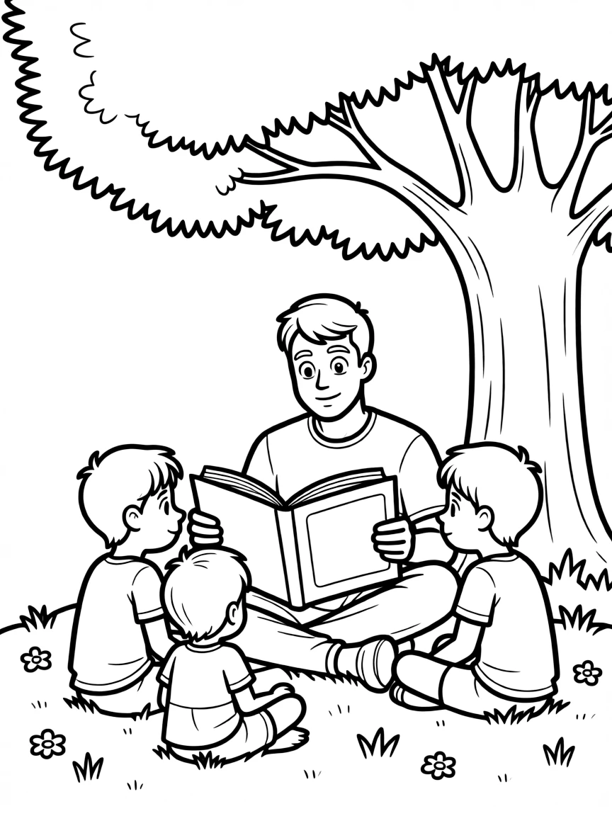 MrBeast reading a storybook to children under a tree.