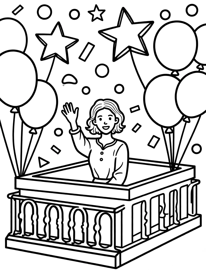 Emma Watson waving from a parade float with balloons and confetti.
