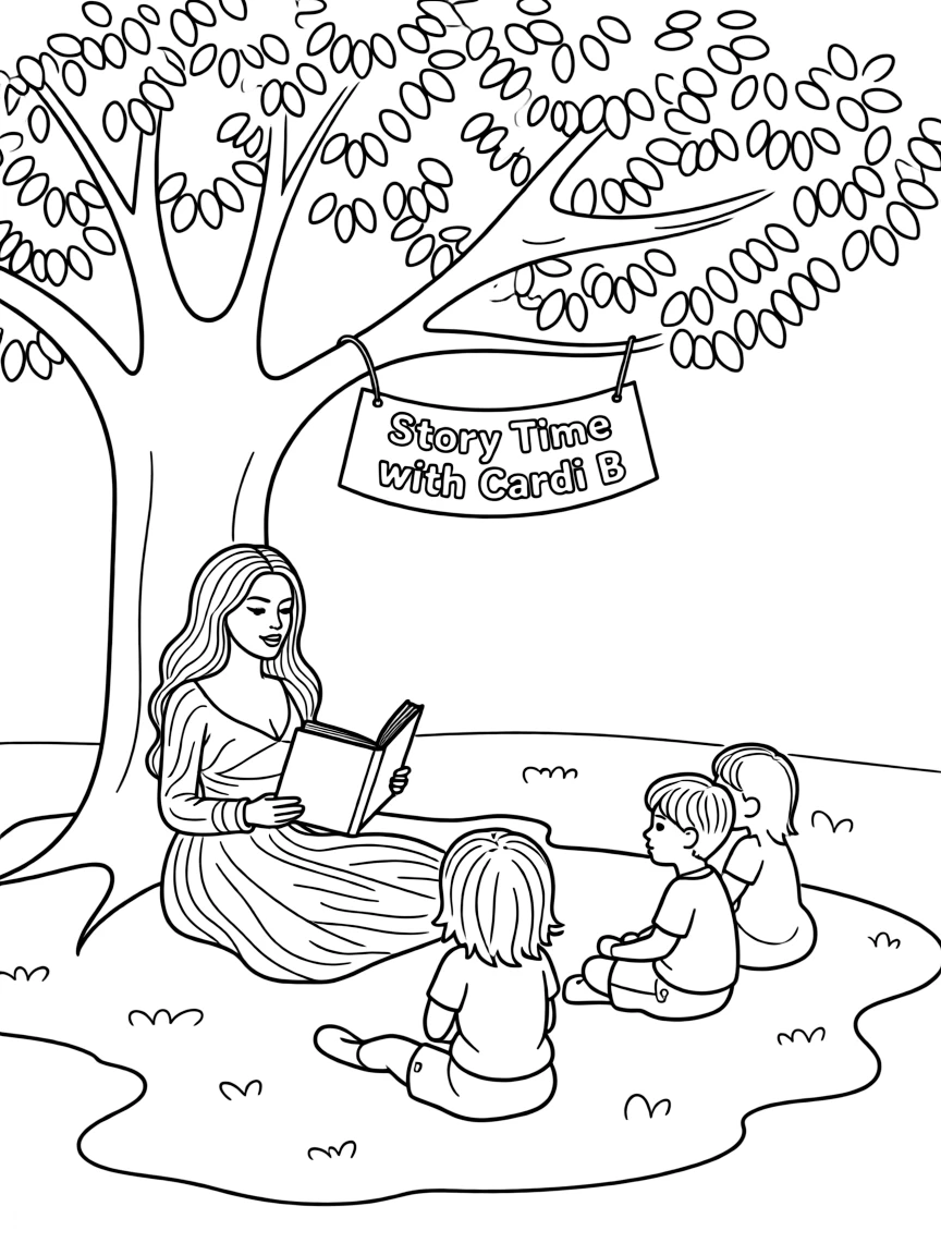 Cardi B reading a storybook to children under a tree.