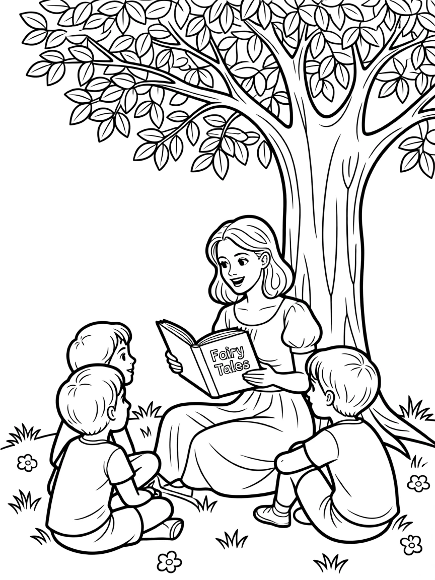Emma Stone reading a storybook to children under a tree.