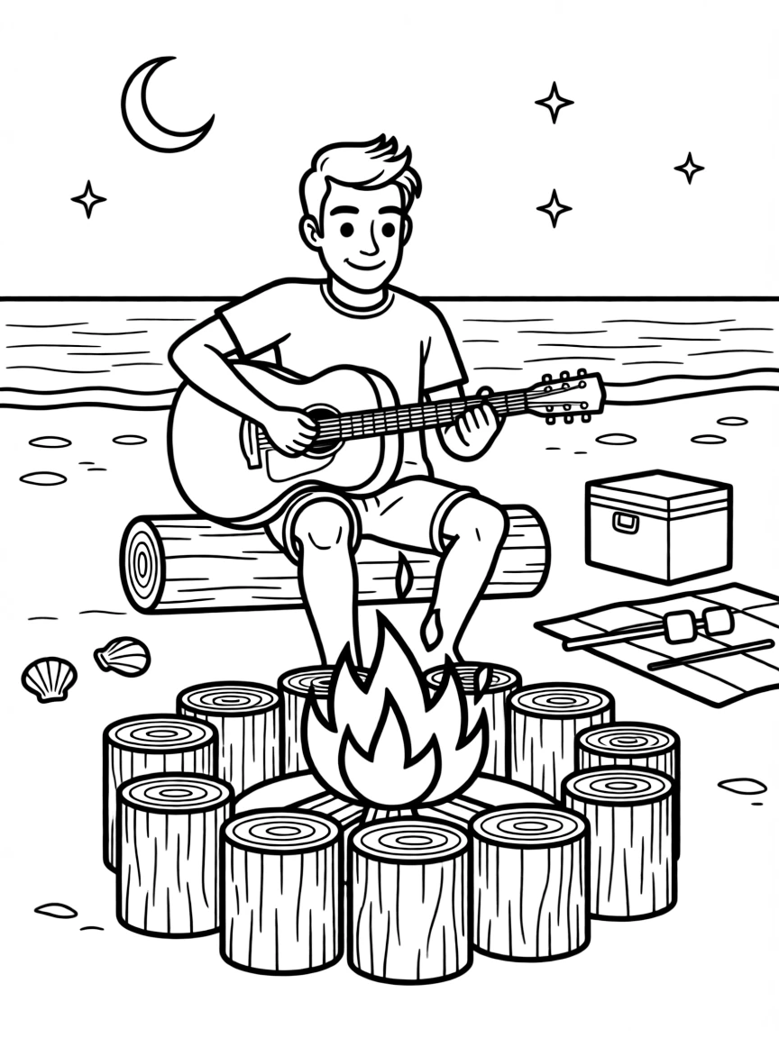 MrBeast playing guitar at a beach bonfire.