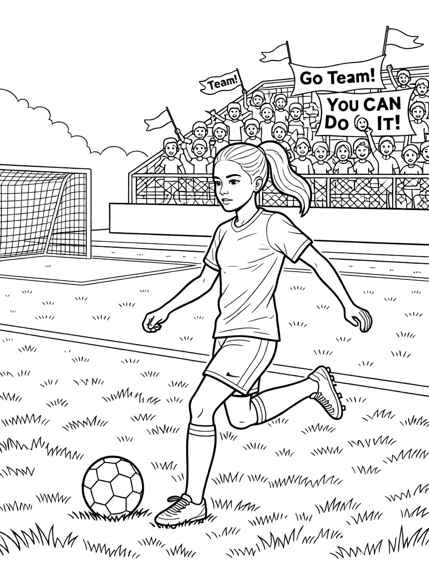 Zendaya playing soccer on a field with cheering fans in the stands.