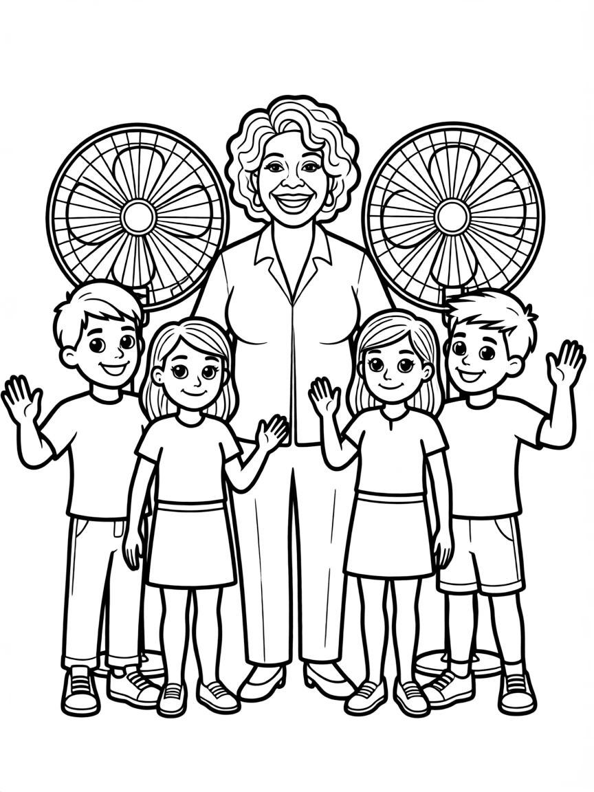 Oprah Winfrey posing with cartoon versions of their fans.
