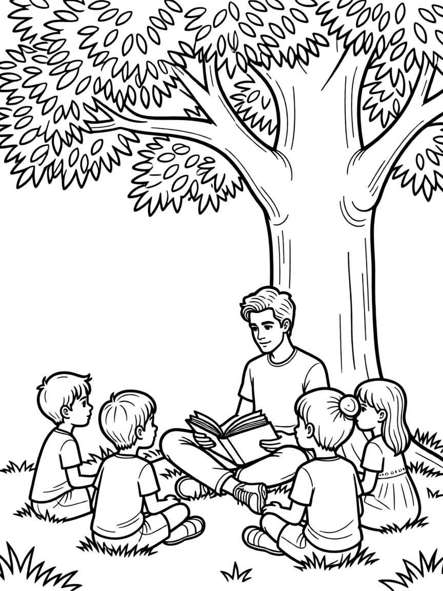 Zayn Malik reading a storybook to children under a tree.
