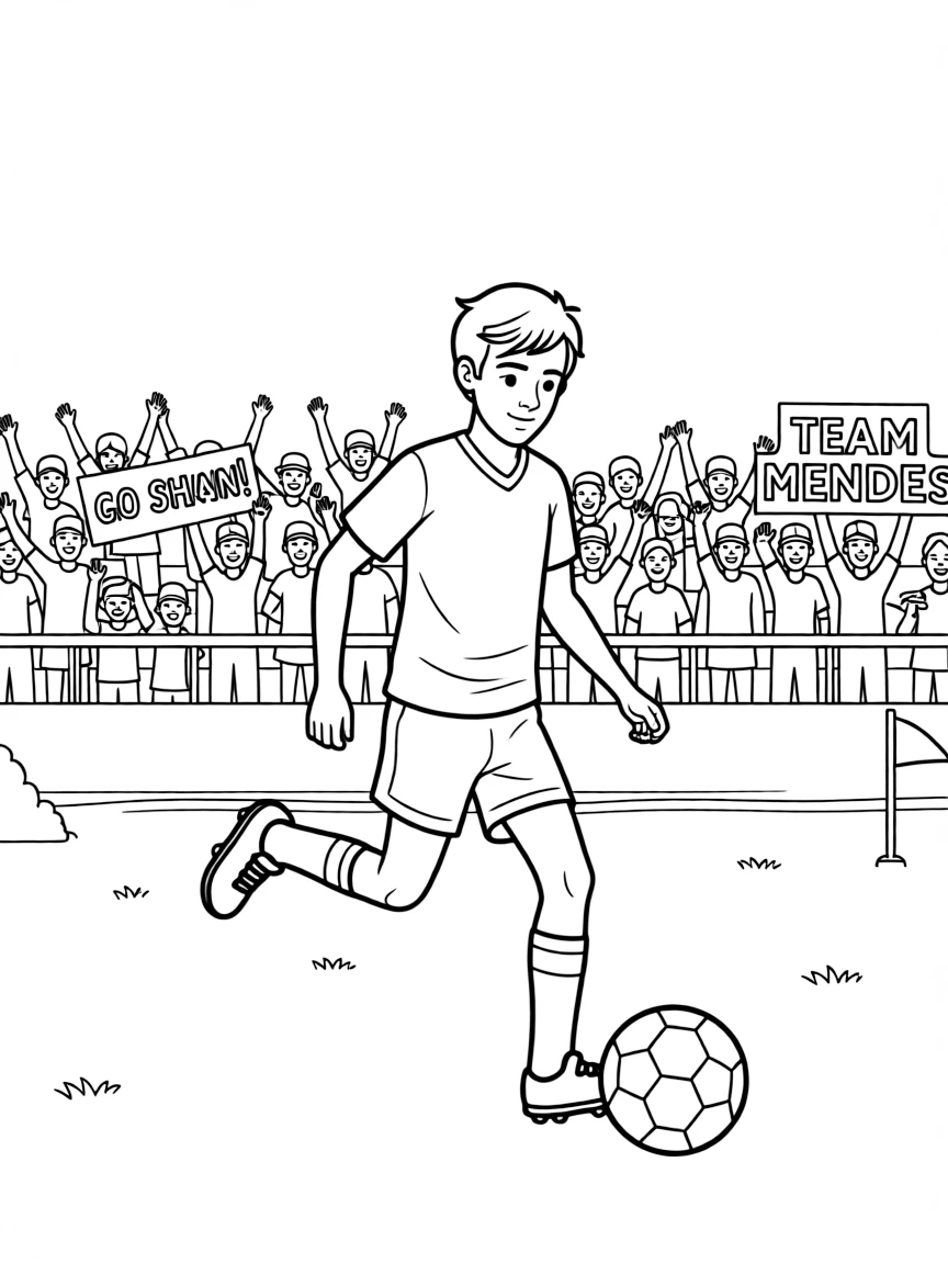 Shawn Mendes playing soccer on a field with cheering fans in the stands.