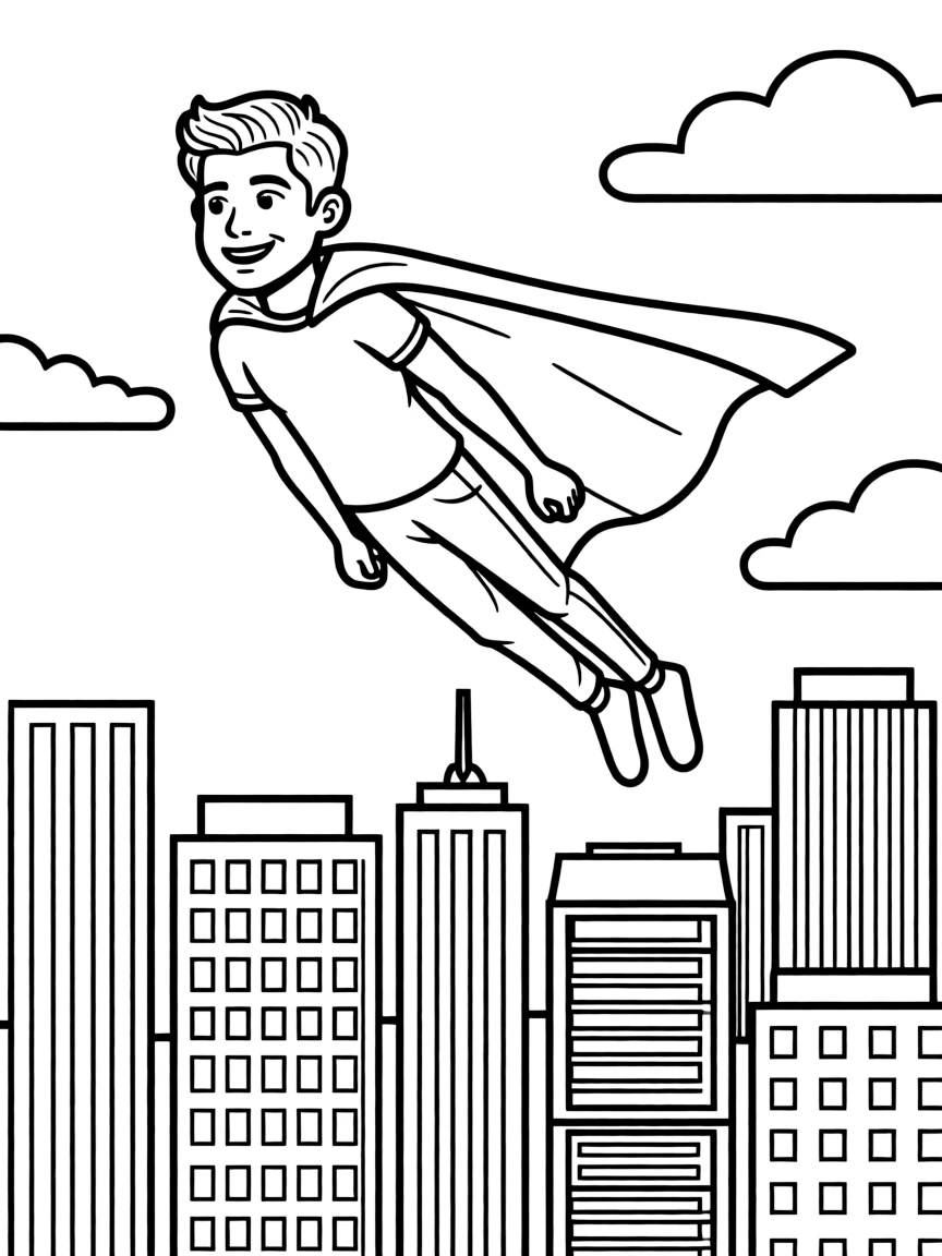 Zayn Malik wearing a superhero cape and flying over a cityscape.