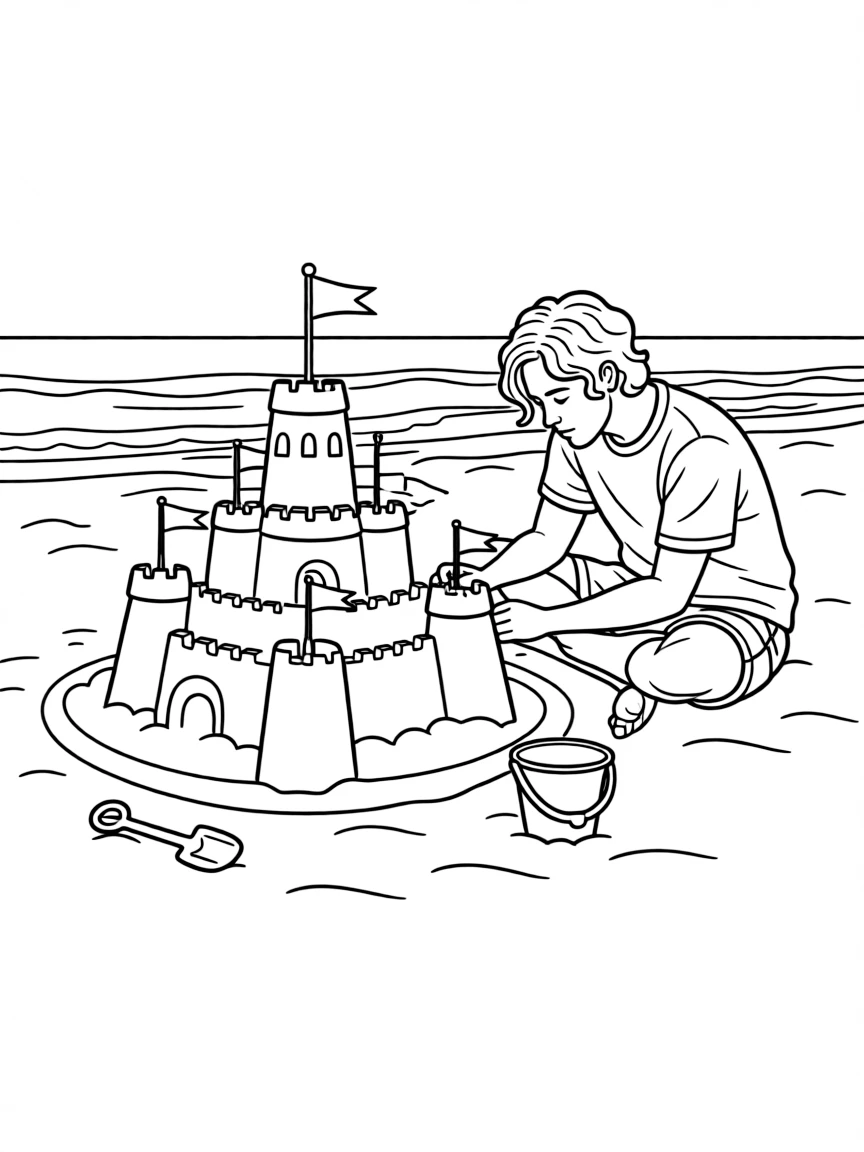 Post Malone building a sandcastle at the beach.