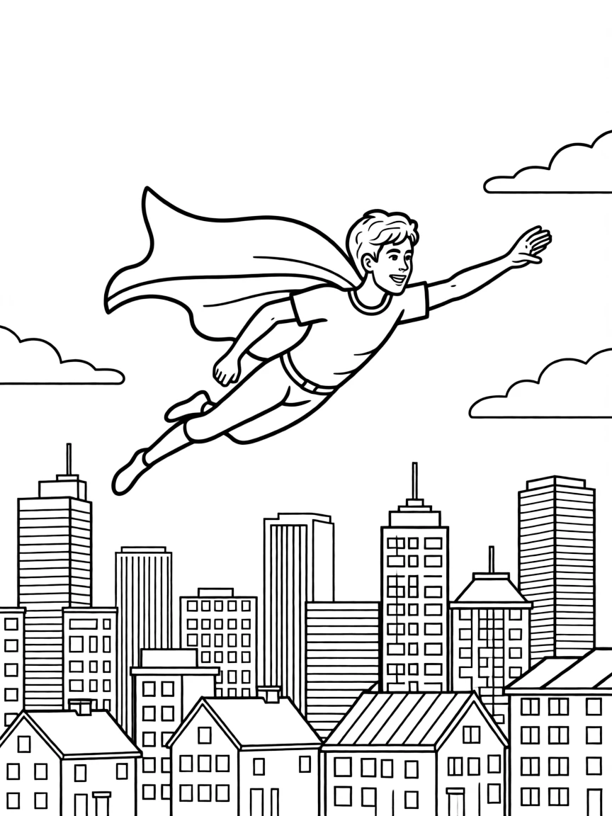 Timothée Chalamet wearing a superhero cape and flying over a cityscape.