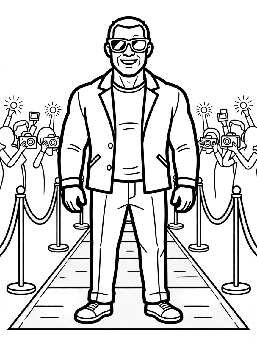 Dwayne Johnson posing with sunglasses and a cool outfit on the red carpet.