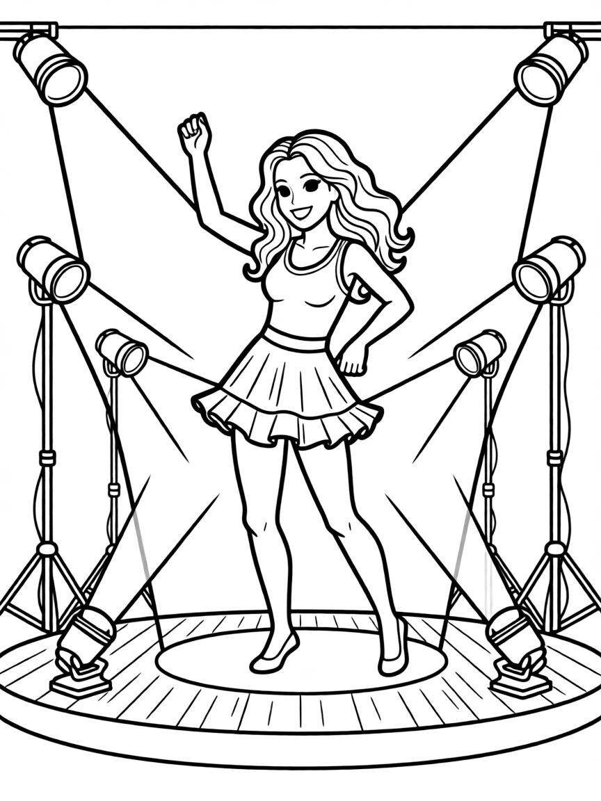 Shakira dancing on a stage with spotlights and fun outfits.