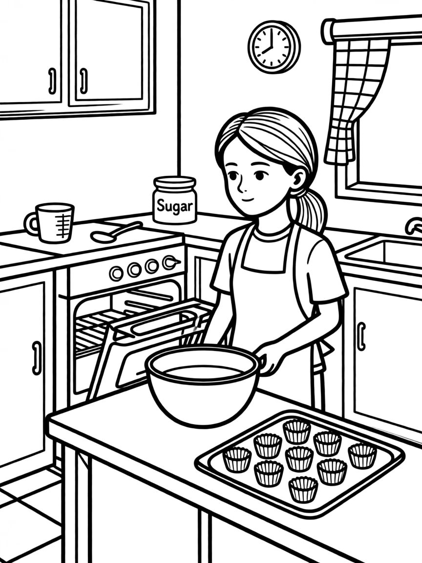 Greta Thunberg baking cupcakes in a colorful kitchen.