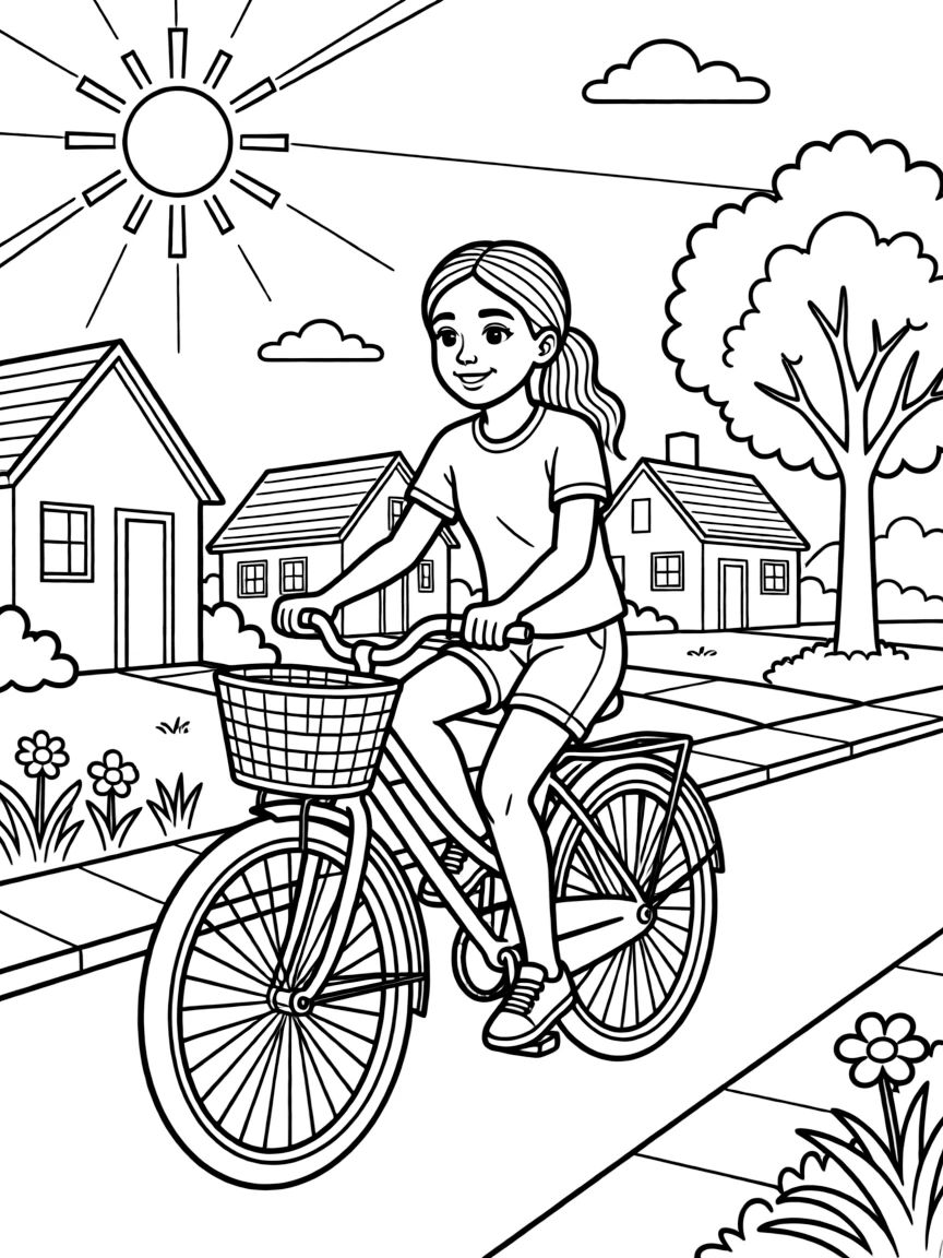 Zendaya riding a bicycle through a sunny neighborhood.