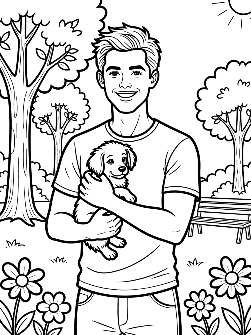 Taylor Lautner smiling and holding a puppy with a park background.