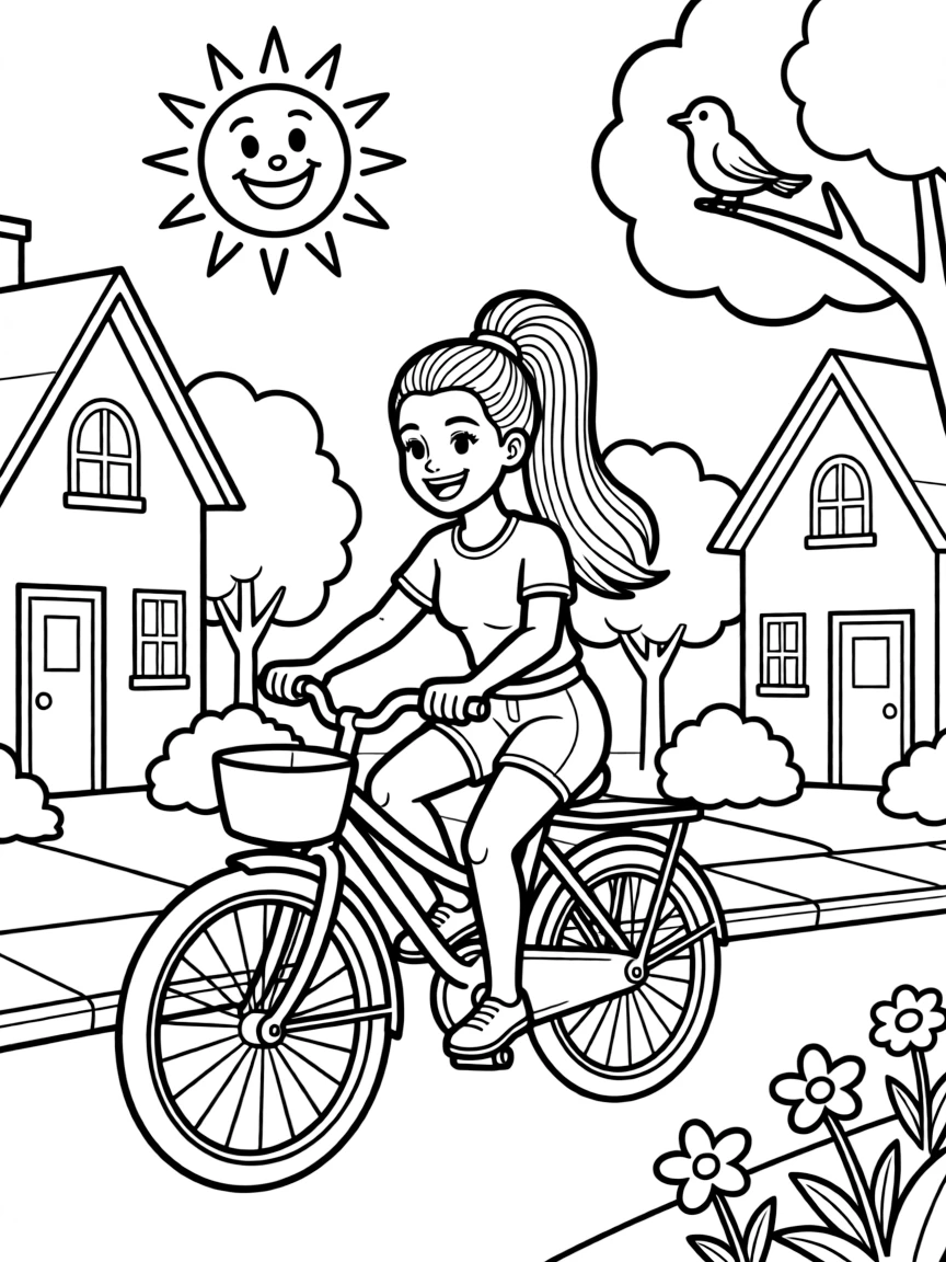 Ariana Grande riding a bicycle through a sunny neighborhood.