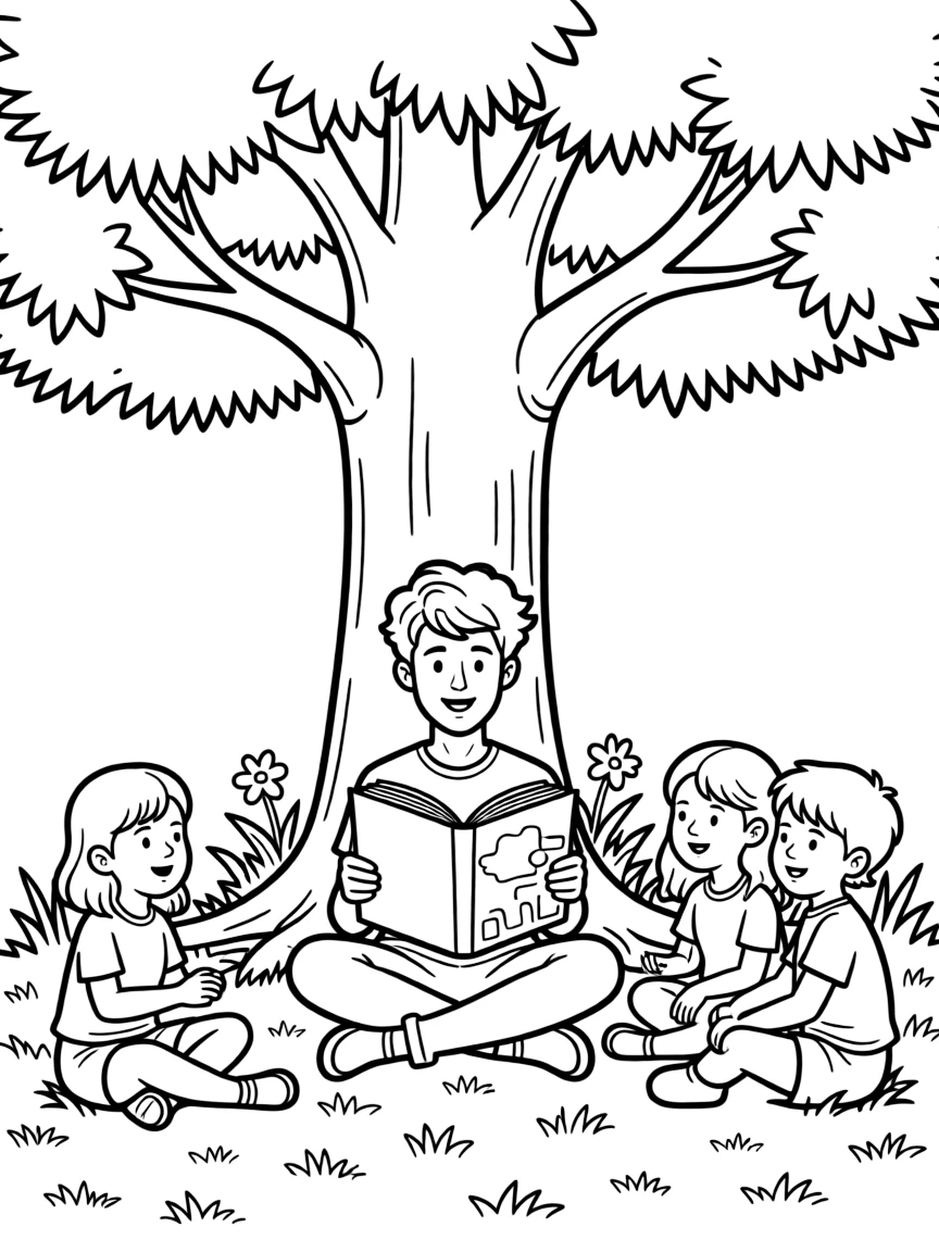 Shawn Mendes reading a storybook to children under a tree.
