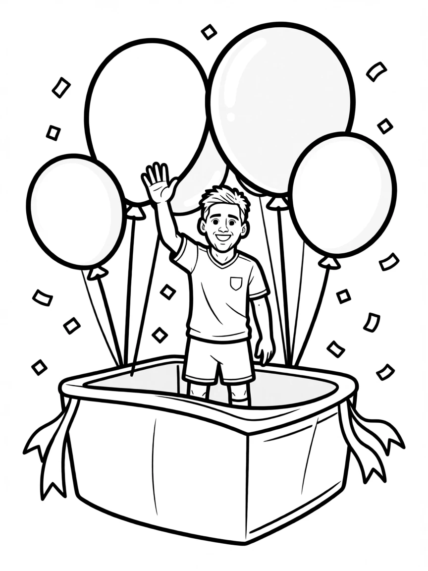 Lionel Messi waving from a parade float with balloons and confetti.