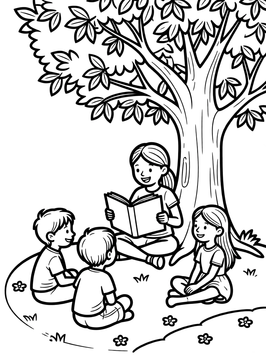 Greta Thunberg reading a storybook to children under a tree.