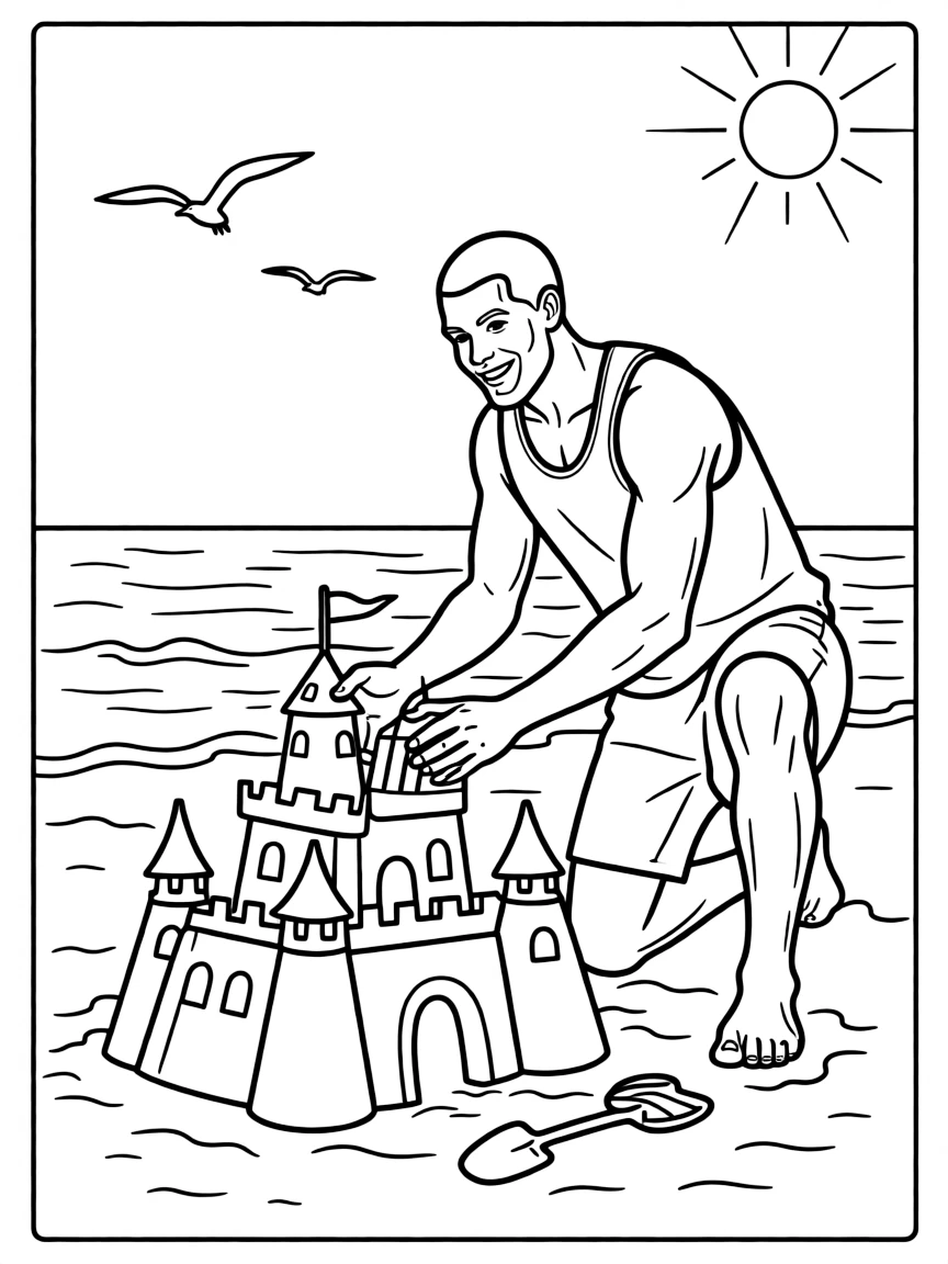 LeBron James building a sandcastle at the beach.