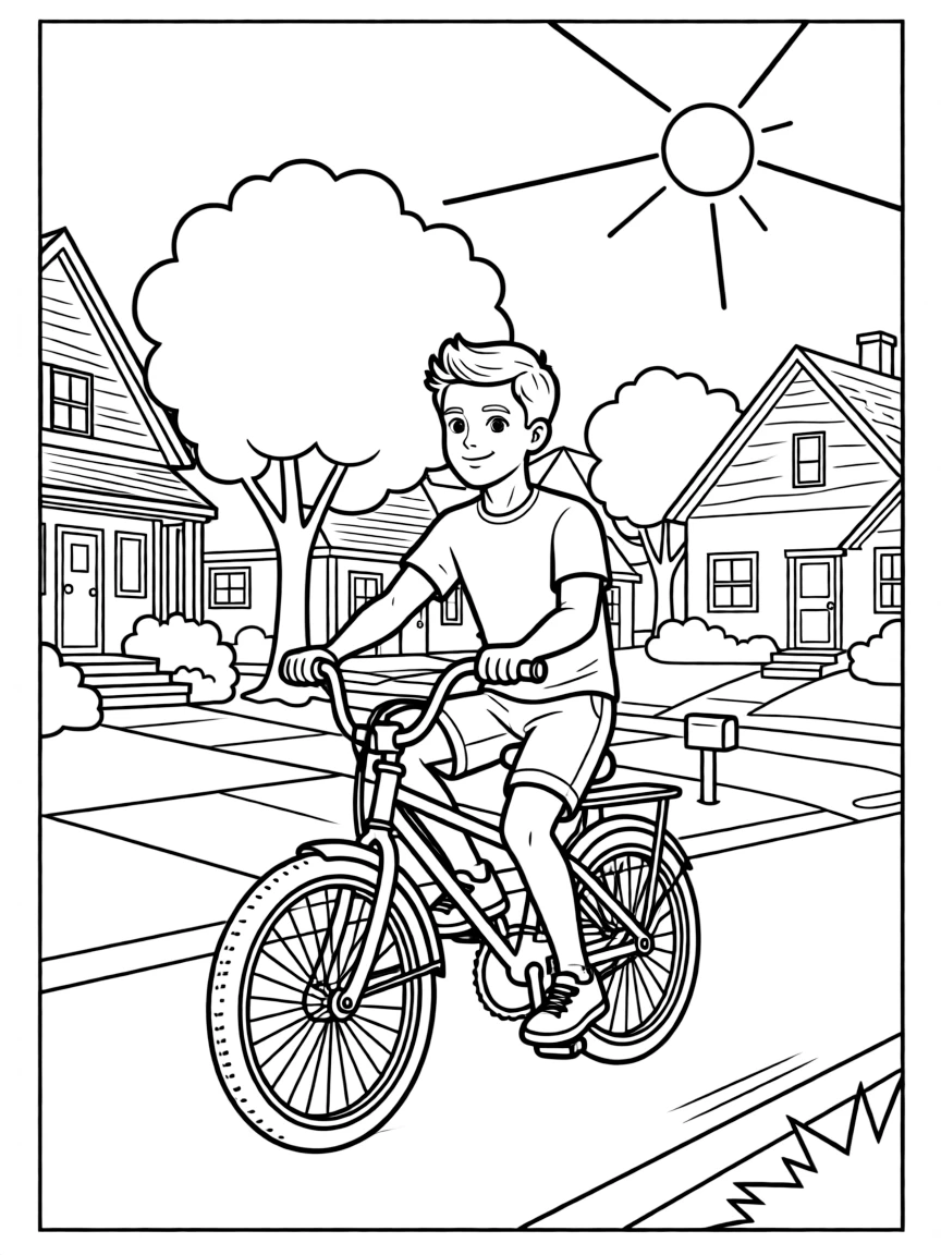 Taylor Lautner riding a bicycle through a sunny neighborhood.