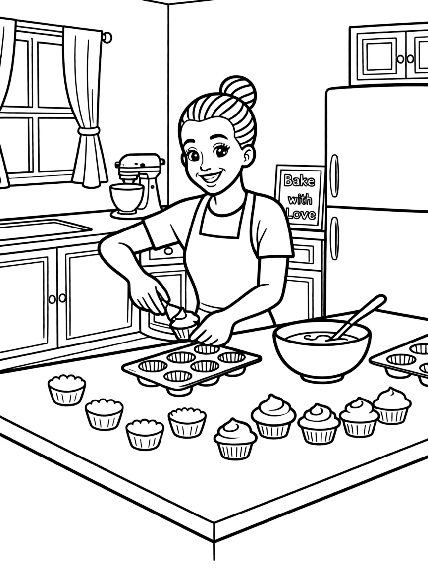 Simone Biles baking cupcakes in a colorful kitchen.
