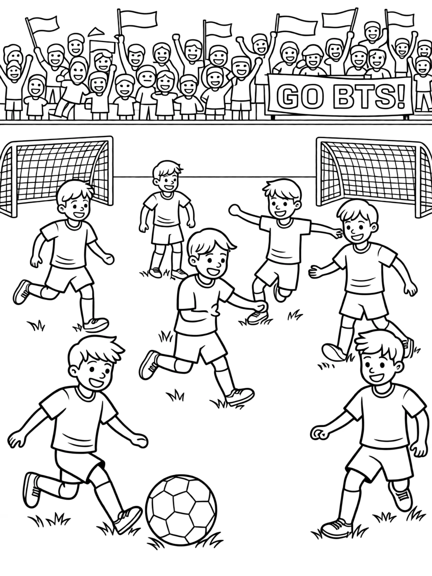 BTS Members playing soccer on a field with cheering fans in the stands.