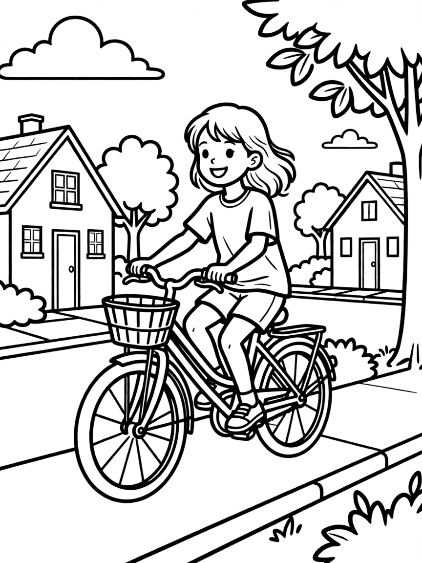 Billie Eilish riding a bicycle through a sunny neighborhood.
