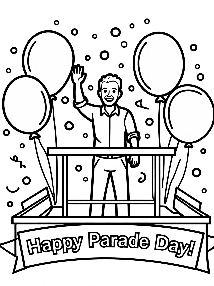 Ryan Reynolds waving from a parade float with balloons and confetti.