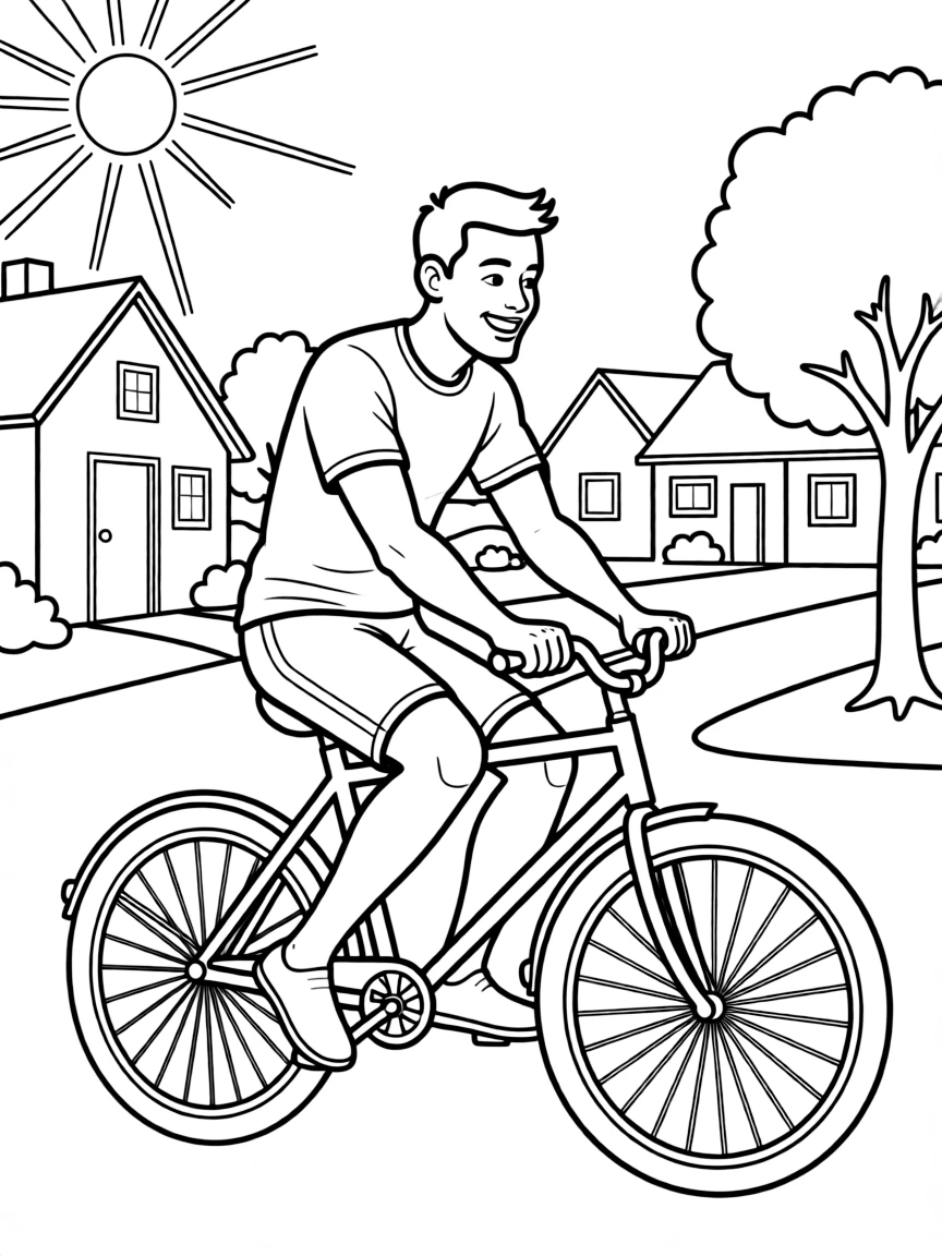 LeBron James riding a bicycle through a sunny neighborhood.