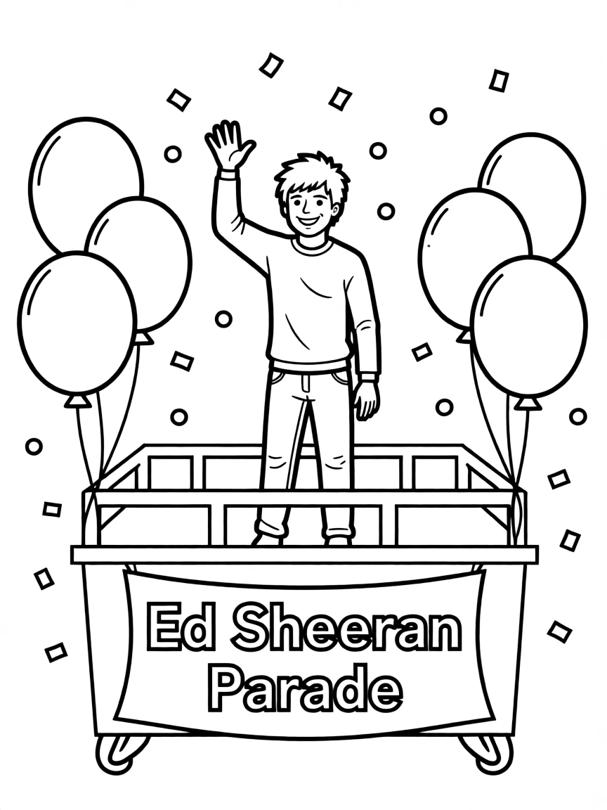 Ed Sheeran waving from a parade float with balloons and confetti.