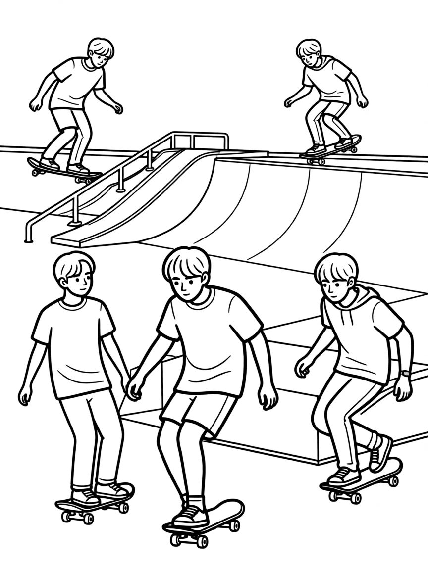 BTS Members skateboarding at a skate park.