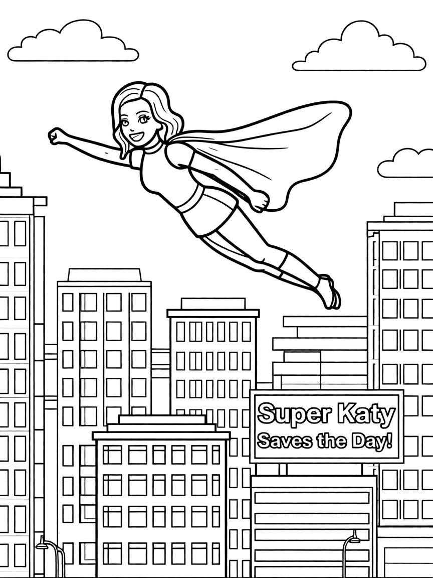 Katy Perry wearing a superhero cape and flying over a cityscape.