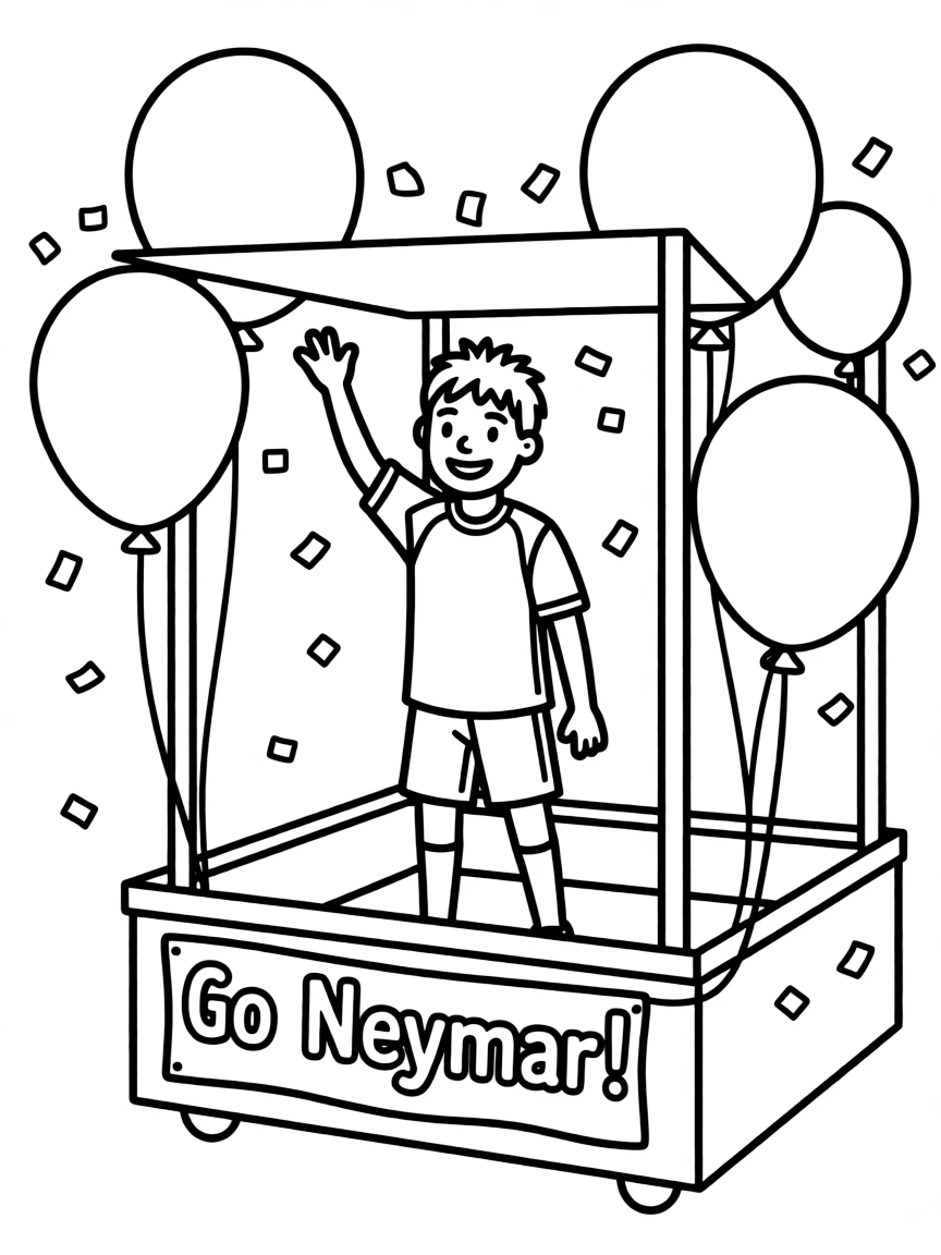 Neymar Jr. waving from a parade float with balloons and confetti.