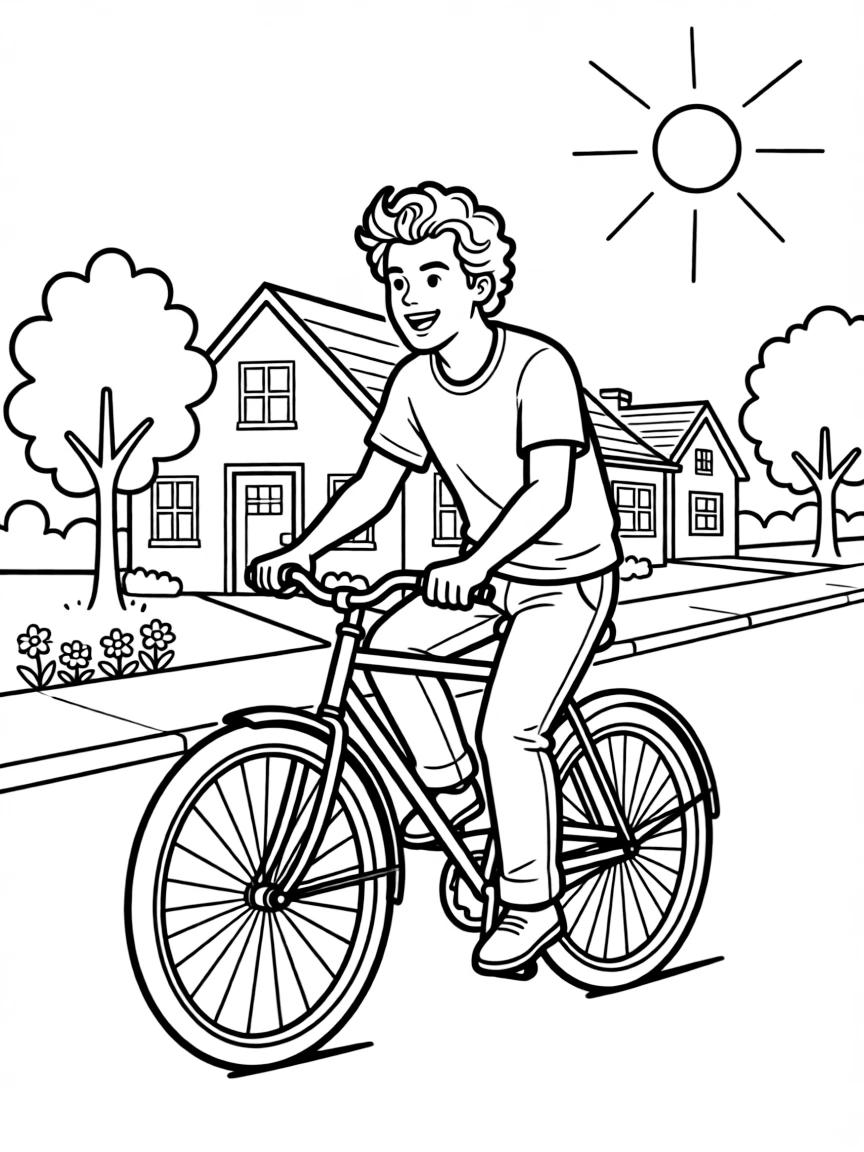 Harry Styles riding a bicycle through a sunny neighborhood.